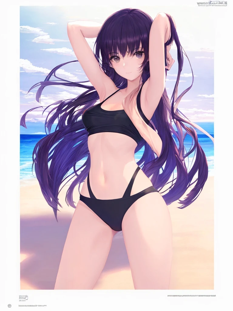Beautiful Girl in a Swimsuit, Black Swimsuit, Beach Background, Ocean,