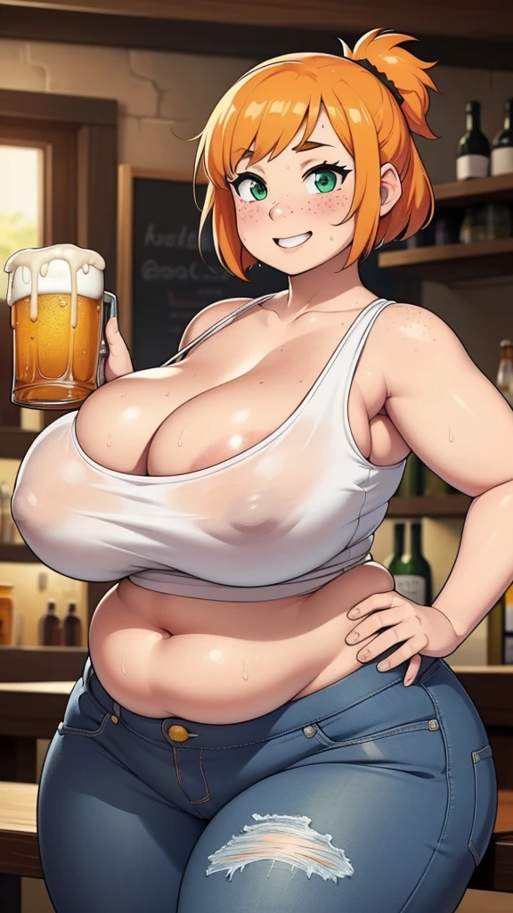 ((Masterpiece)), perfect anatomy, perfect shading, field of depth, (best quality), extremely delicate and beautiful, perfect lighting, detailed face, ultra cute face, cute, (1girl), (solo),

short fluffy orange hair, green eyes, freckles, ((blush)), drunk smile, sweat, looking at viewer, tank top, jeans, cleavage, medium breasts, ((thick thighs)), (wide hips), plump, chubby belly,

intricate background, detailed background, pub, standing, beer mug
