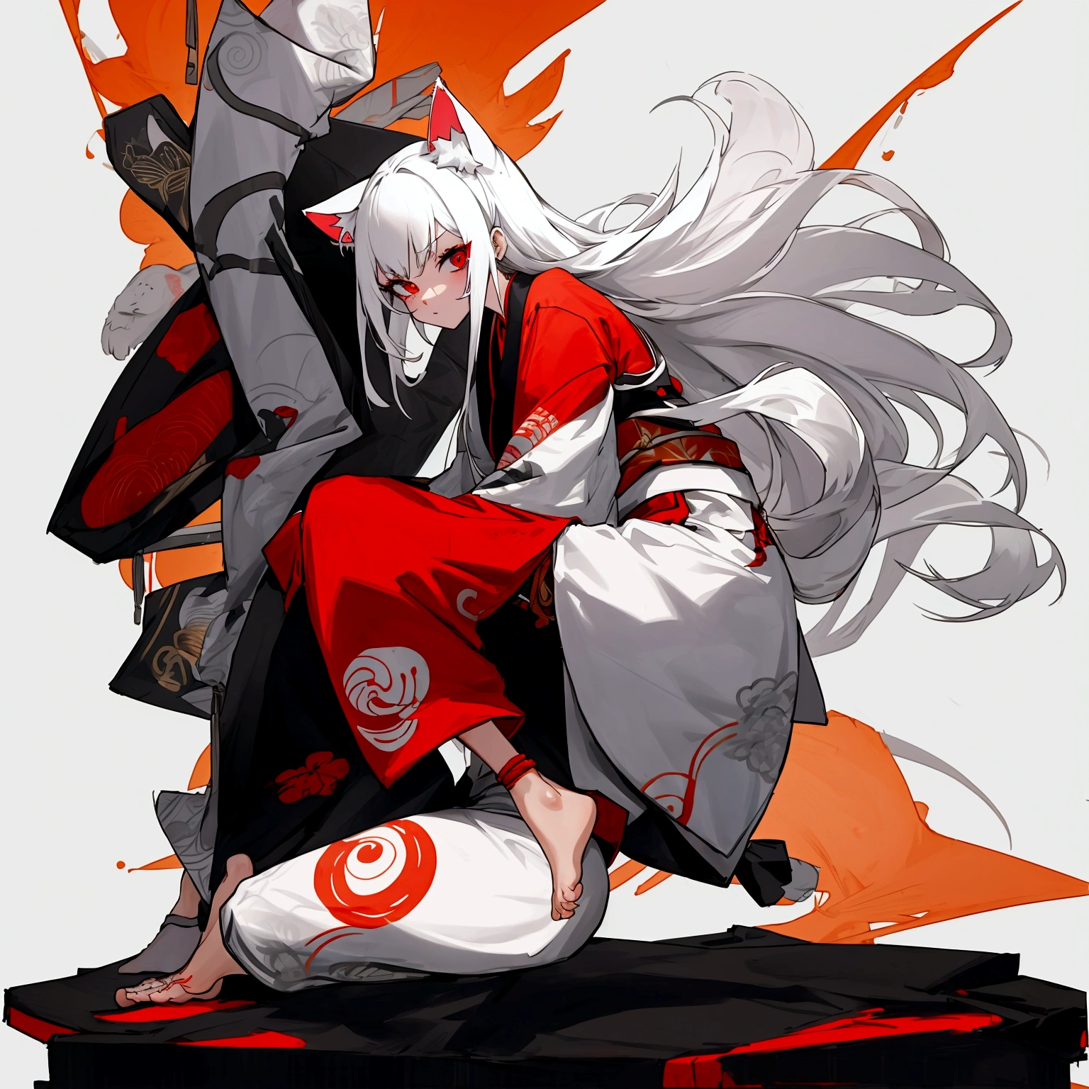 Make a full body character with 2D graphics based on current anime 4k-8k The character is 22 years old. Mature body with three measurements 100cm,70 cm,100cm. Eyes red, white cat ears, long white hair down to the ankles. Cat's furry tail.
The outfit is a mix of traditional Japanese kimono, Qipao chines stylized in a cyberpunk way.
The colors of the clothes are predominantly white with details of blood red and gold..
With sock 3/4 black and white, sandalhas ninja estilo cyberpunk.