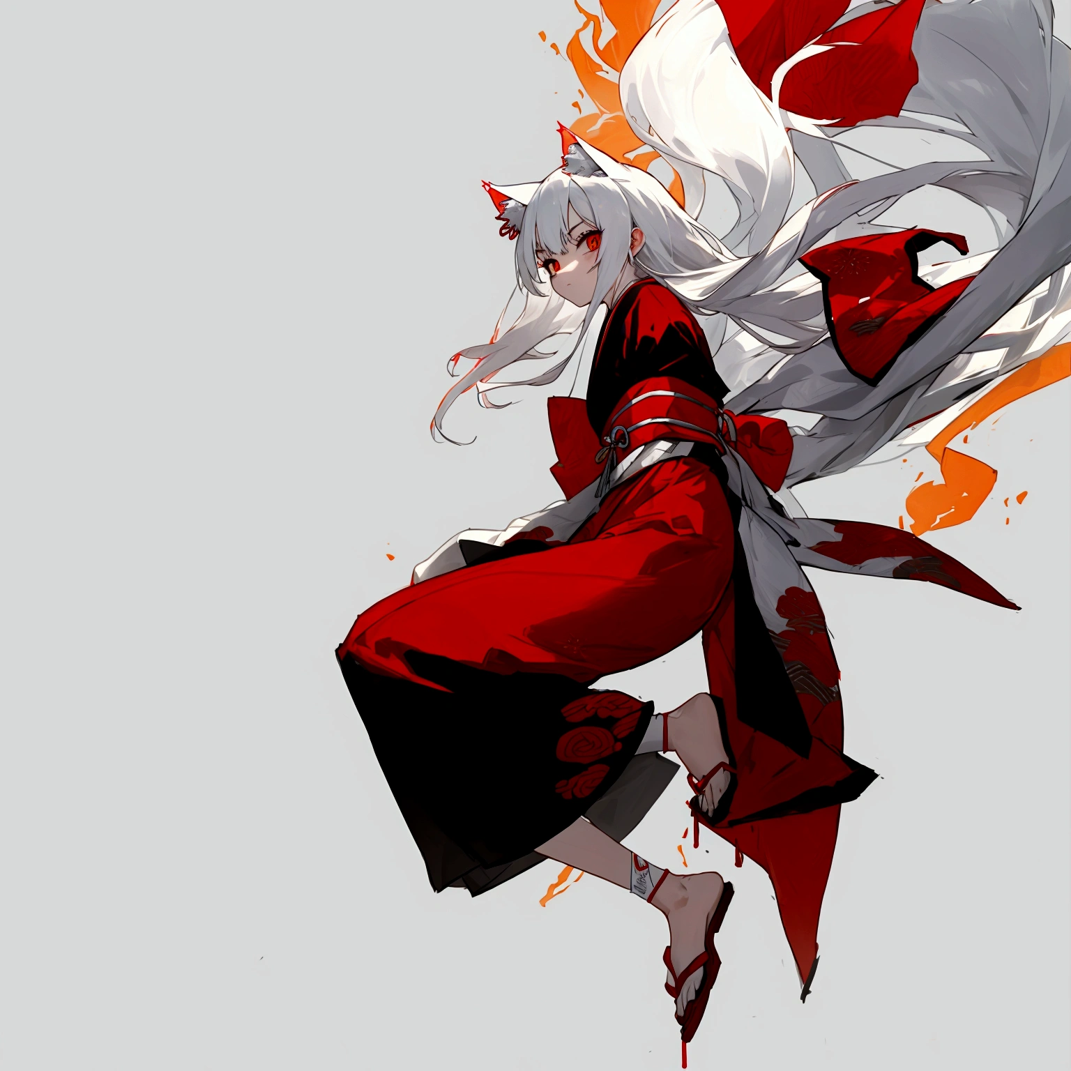 Make a full body character with 2D graphics based on current anime 4k-8k The character is 22 years old. Mature body with three measurements 100cm,70 cm,100cm. Eyes red, white cat ears, long white hair down to the ankles. Cat's furry tail.
The outfit is a mix of traditional Japanese kimono, Qipao chines stylized in a cyberpunk way.
The colors of the clothes are predominantly white with details of blood red and gold..
With sock 3/4 black and white, sandalhas ninja estilo cyberpunk.