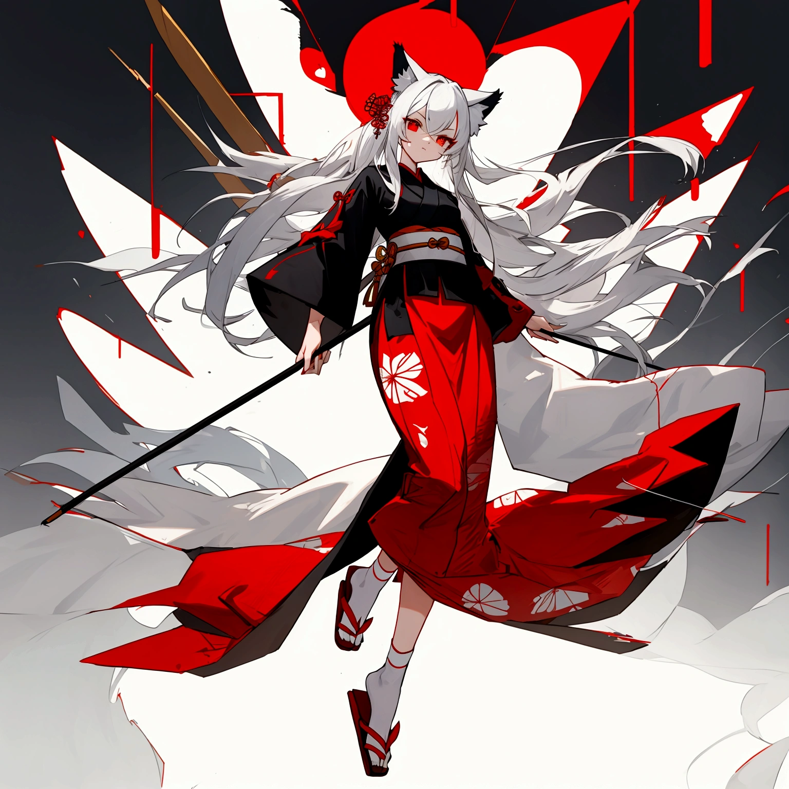 Make a full body character with 2D graphics based on current anime 4k-8k The character is 22 years old. Mature body with three measurements 100cm,70 cm,100cm. Eyes red, white cat ears, long white hair down to the ankles. Cat's furry tail.
The outfit is a mix of traditional Japanese kimono, Qipao chines stylized in a cyberpunk way.
The colors of the clothes are predominantly white with details of blood red and gold..
With sock 3/4 black and white, sandalhas ninja estilo cyberpunk.
