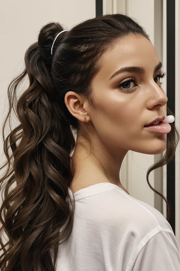 a white woman , black eyes and long curly locks of the same color , abundant hair tied back in a wild ponytail , with a delicacy in his mouth and with the rectilinear design of his aquiline nose