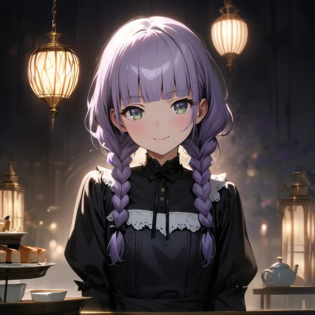 (Cute a girl:1.5), (masterpiece:1.3), anime visual,  (Lovey-dovey:1.5), (tilt head:1.3), extremely delicate face, realistic lighting and shading, (an extremely delicate and beautiful art:1.3),15 years old,smiling,(pale purple wavy and blunt bangs braids hair,green and black eyes,portrait:1.5)from front,fullbody shot,full body shot,White brim, black gothic maid outfit, black knee-high socks, leather shoes,night lit,cowboy shots,Tea time before bedtime,