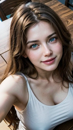 White woman, 35 years old, Brown hair, long hair, messy hair, simetric face, Green eyes, Nice body, laughing, shy, shoulder out, leaning over the table, cleavage, overlapping t-shirt, loose t-shirt, camera from above, deep neckline. White man looking to the woman.