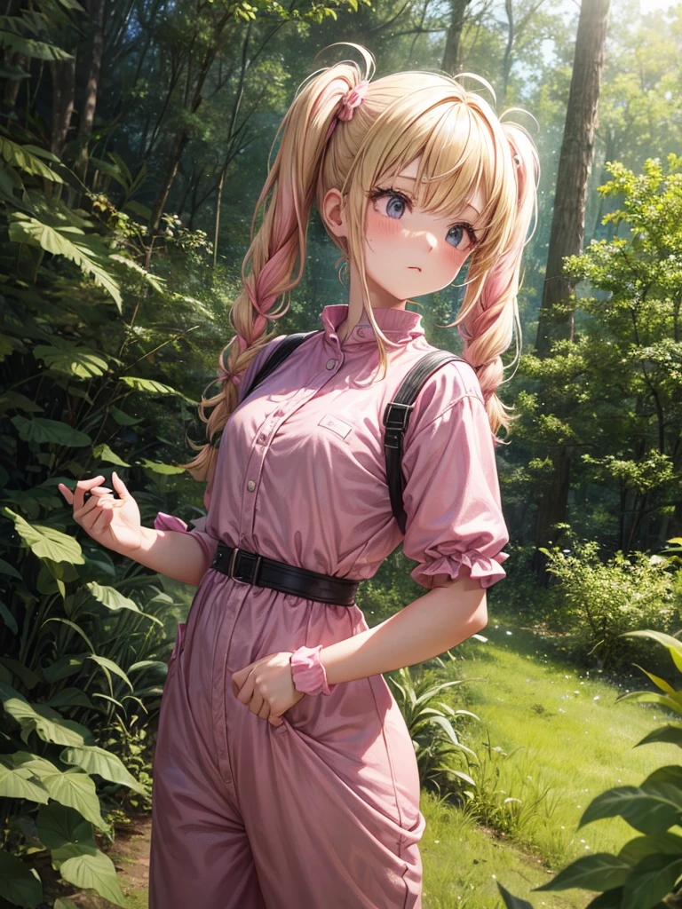 1 girl, two pigtails falling over her shoulders with pink rubber bands, blond hair, wearing a pink jumpsuit dress, In a forest, next to 1 boy with black hair, messy hair, black eyes, wearing casual clothes