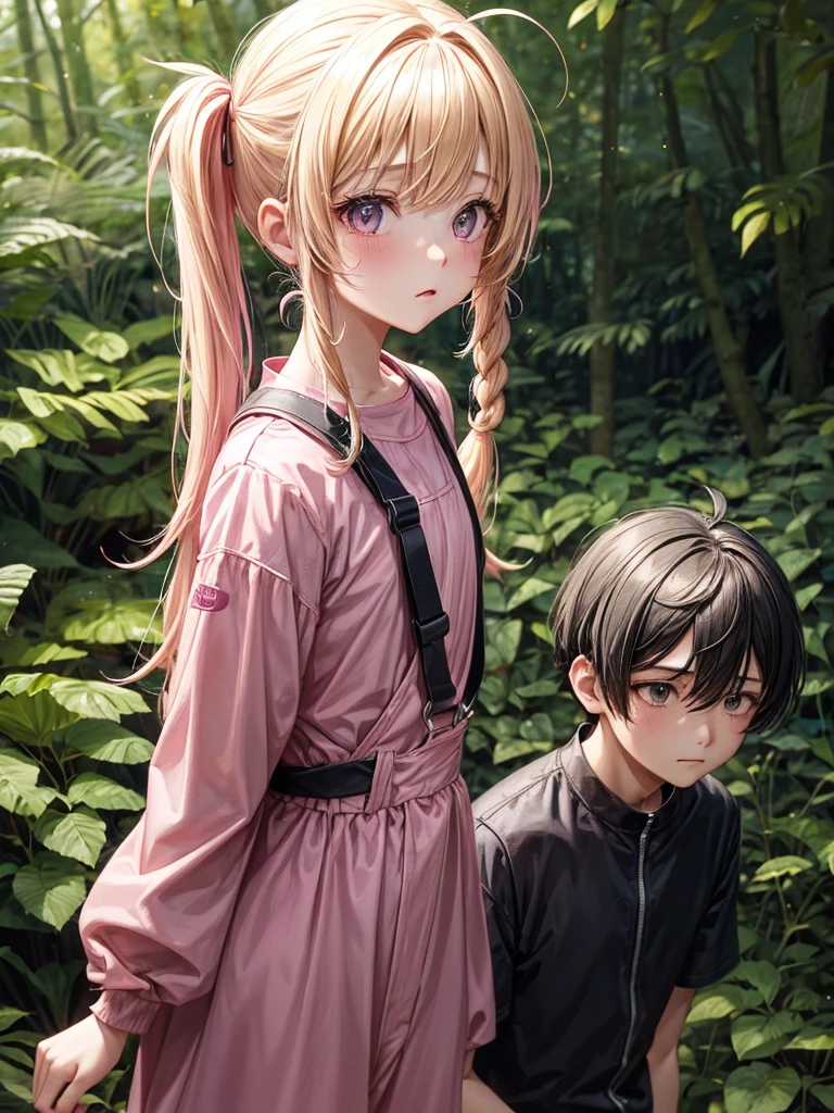 1 girl, two pigtails falling over her shoulders with pink rubber bands, blond hair, wearing a pink jumpsuit dress, In a forest, next to 1 boy with black hair, messy hair, black eyes, wearing casual clothes