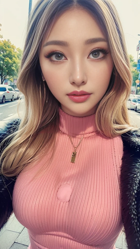 Layered Bob Hairstyle, (blonde、Inner color is pink), She has beautiful, sparkling purple eyes, masterpiece, highest quality,(Realistic: 1.4),Ultra-high resolution, Unity 8k, (Fine and beautiful eyes:1.6),Symmetric, Highly detailed face, Perfect lighting, (Perfect hands, Perfect Anatomy), (Urban Background:1.3), ((Maxi knit dress and fur coat 1.3)), (Browsing Caution:1.3)