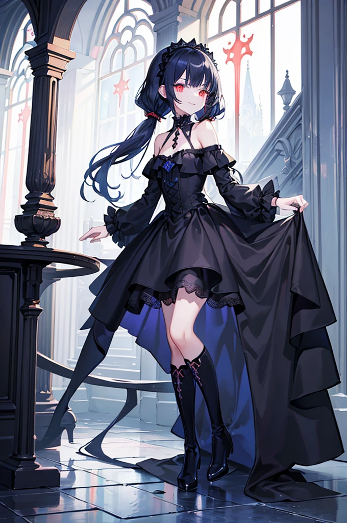 [(church background:1.4)::5],Original,(Illustration:1.1),(Best Quality),(masutepiece:1.1),(the Extremely Detailed CG Unity 8K Wallpapers:1.1), (Colorful:0.9),(mid-shot:0.95),(Full body:1.5),Dynamic Angle,(Solo:1.2), (girl),((Adult)), (Detailed beautiful eyes:1.15), (Beautiful face:1.15), (Glowing red eyes:1.25////),((dark blue long hair)),(Blunt bangs),(low twintails),(+perfect hand+:1.21),(Draw an illustration of a gothic girl),(Religious),(slender),(she has boots on her feet),((Wearing a black dress)),(Furious), Lace Off Shoulder Lolita Fashion,Beautiful slender woman,((Evil smile)),Dark blue short hair,Dark blue short hair,Laugh,evil smile,