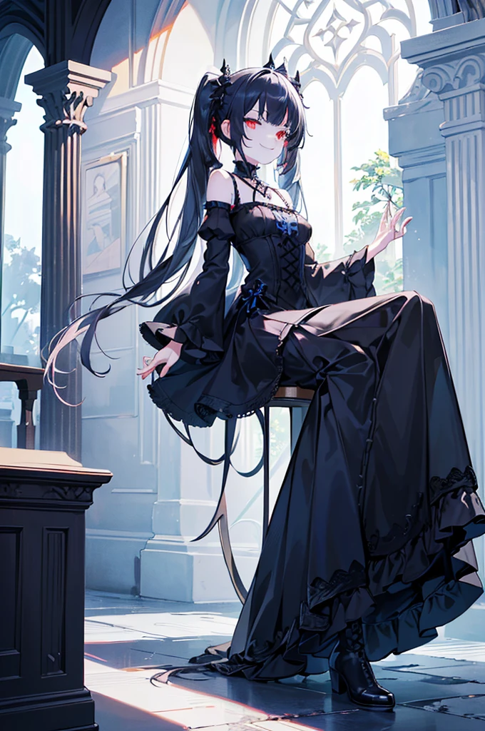[(church background:1.4)::5],Original,(Illustration:1.1),(Best Quality),(masutepiece:1.1),(the Extremely Detailed CG Unity 8K Wallpapers:1.1), (Colorful:0.9),(mid-shot:0.95),(Full body:1.5),Dynamic Angle,(Solo:1.2), (girl),((Adult)), (Detailed beautiful eyes:1.15), (Beautiful face:1.15), (Glowing red eyes:1.25////),((dark blue long hair)),(Blunt bangs),(low twintails),(+perfect hand+:1.21),(Draw an illustration of a gothic girl),(Religious),(slender),(she has boots on her feet),((Wearing a black dress)),(Furious), Lace Off Shoulder ta Fashion,Beautiful slender woman,((Evil smile)),Dark blue short hair,Dark blue short hair,Laugh,evil smile,