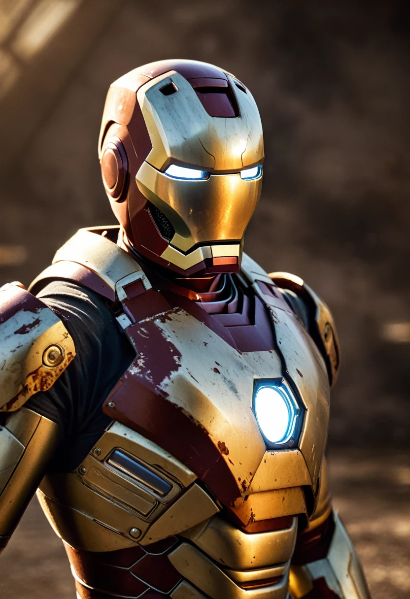 a detailed portrait of a retro 1970s style iron man, incredibly realistic, highly detailed, hyper realistic, cinematic lighting, dramatic shadows, masterfully rendered, hyperdetailed, photorealistic, 8k, award winning, intricate details, realistic wear and tear, gritty, moody, chiaroscuro lighting, dramatic contrast, warm color tones, metallic surfaces, complex machinery, glowing energy core, dynamic pose, intense expression, deep penetrating eyes, sharp facial features, smooth skin, detailed armor plating, complex patterns, glowing energy effects, rust and weathering, worn and battle damaged, cinematic framing, dramatic lighting