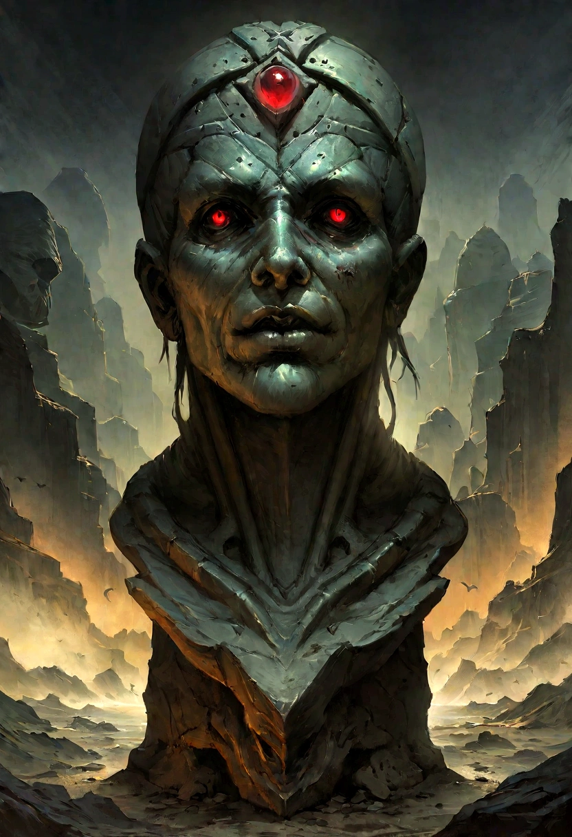 Draw a stone statue of armor with a strong, bloody face and bloody head, Science fiction horror art, sci-fi horror artwork, inspired by Aleksi Briclot, Fangs of the slaughter, horror fantasy art, Alexis Bricklot(Alexis Bricklot), horror concept art, veneno, Fantasy and horror art, Detailed illustration of 4K horror, Armor stone statue, full-body portraits,dark fantasy horror art