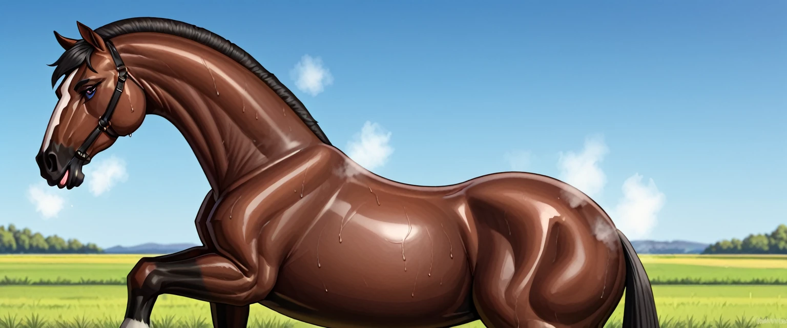 African woman (very full figured black skinned ) nude. riding. big Belgian draft horse mare (side view) (facing horizon). big bum. very short tail. flat grass meadow. steaming horse dung behind horse. cloudless blue sky.