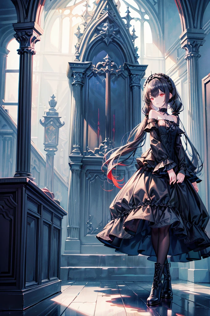 [(church background:1.4)::5],Original,(Illustration:1.1),(Best Quality),(masutepiece:1.1),(the Extremely Detailed CG Unity 8K Wallpapers:1.1), (Colorful:0.9),(mid-shot:0.95),(Full body:1.5),Dynamic Angle,(Solo:1.2), (girl),((Adult)), (Detailed beautiful eyes:1.15), (Beautiful face:1.15), (Glowing red eyes:1.25////),((dark blue long hair)),(Blunt bangs),(low twintails),(+perfect hand+:1.21),(Draw an illustration of a gothic girl),(Religious),(slender),(she has boots on her feet),((Wearing a black dress)),(Furious), Lace Off Shoulder Lolita Fashion,Beautiful slender woman,((Evil smile)),Dark blue short hair,Dark blue short hair,Laugh,evil smile,