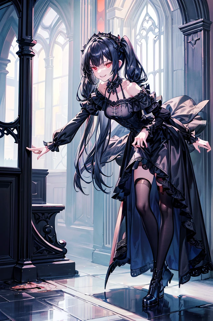 [(church background:1.4)::5],Original,(Illustration:1.1),(Best Quality),(masutepiece:1.1),(the Extremely Detailed CG Unity 8K Wallpapers:1.1), (Colorful:0.9),(mid-shot:0.95),(Full body:1.5),Dynamic Angle,(Solo:1.2), (girl),((Adult)), (Detailed beautiful eyes:1.15), (Beautiful face:1.15), (Glowing red eyes:1.25////),((dark blue long hair)),(Blunt bangs),(low twintails),(+perfect hand+:1.21),(Draw an illustration of a gothic girl),(Religious),(slender),(she has boots on her feet),((Wearing a black dress)),(Furious), Lace Off Shoulder ta Fashion,Beautiful slender woman,((Evil smile)),Dark blue short hair,Dark blue short hair,Laugh,evil smile,