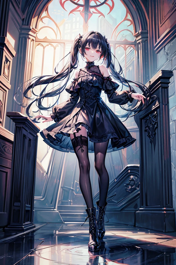 [(church background:1.4)::5],Original,(Illustration:1.1),(Best Quality),(masutepiece:1.1),(the Extremely Detailed CG Unity 8K Wallpapers:1.1), (Colorful:0.9),(mid-shot:0.95),(Full body:1.5),Dynamic Angle,(Solo:1.2), (girl),((Adult)), (Detailed beautiful eyes:1.15), (Beautiful face:1.15), (Glowing red eyes:1.25////),((dark blue long hair)),(Blunt bangs),(low twintails),(+perfect hand+:1.21),(Draw an illustration of a gothic girl),(Religious),(slender),(she has boots on her feet),((Wearing a black dress)),(Furious), Lace Off Shoulder Lolita Fashion,Beautiful slender woman,((Evil smile)),Dark blue short hair,Dark blue short hair,Laugh,evil smile,
