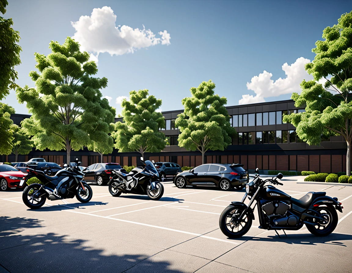 black motorcycle parke, cars parked in a parking lot with trees in the foreground,university parking, detailed rendering, a photorealistic rendering, realistic rendering, photorealistic rendering, realistic scene, photorealistic streetscape, cg rendering, rendered in lumion pro, realistic physical rendering, digital rendering, beautiful rendering, 3d rendering!, 3 d rendering!, hyper detailed scene, architectural rendering