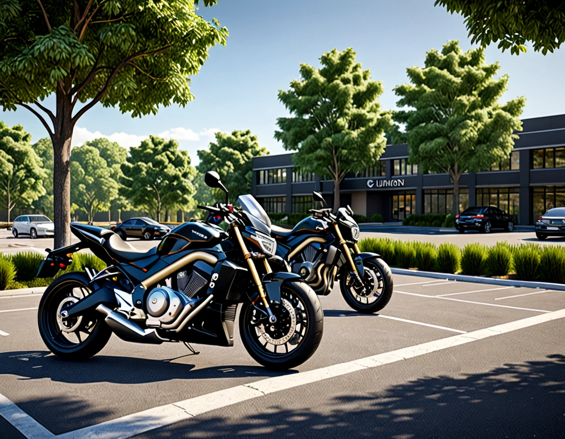 black motorcycle parke, cars parked in a parking lot with trees in the foreground,university parking, detailed rendering, a photorealistic rendering, realistic rendering, photorealistic rendering, realistic scene, photorealistic streetscape, cg rendering, rendered in lumion pro, realistic physical rendering, digital rendering, beautiful rendering, 3d rendering!, 3 d rendering!, hyper detailed scene, architectural rendering