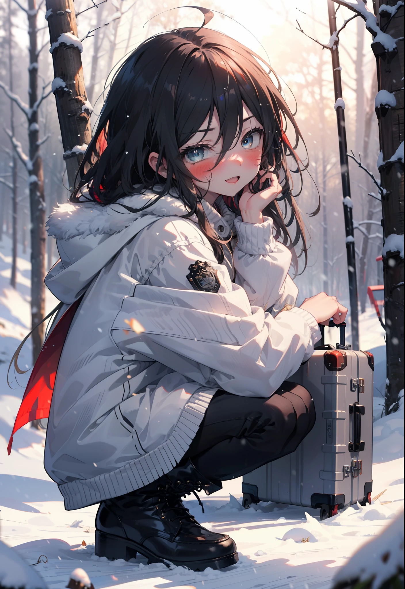 Shana,灼眼のShana,Long Hair, Redhead, Red eyes,Ahoge,,smile,blush,White Breath,
Open your mouth,snow,Ground bonfire, Outdoor, boots, snowing, From the side, wood, suitcase, Cape, Blurred, , forest, White handbag, nature, Squat, Mouth closed, Cape, winter, Written boundary depth, Black shoes, red Cape break looking at viewer, Upper Body, whole body, break Outdoor, forest, nature, break (masterpiece:1.2), Highest quality, High resolution, unity 8k wallpaper, (shape:0.8), (Beautiful and beautiful eyes:1.6), Highly detailed face, Perfect lighting, Extremely detailed CG, (Perfect hands, Perfect Anatomy),