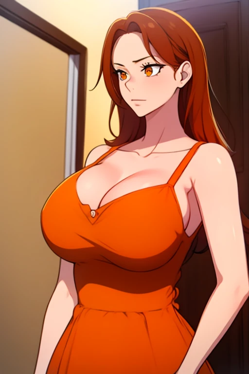 busty girl, Orange hair, orange eyes, with orange dress 