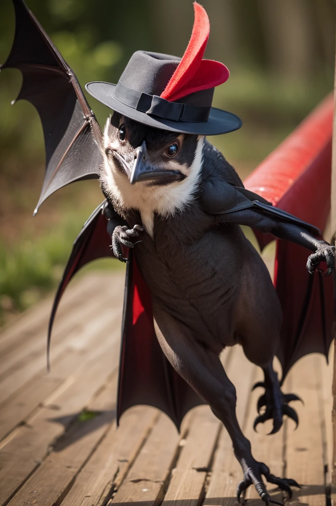 A bat in a hat running from a woodpecker