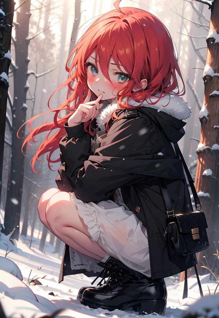 Shana,灼眼のShana,Long Hair, Redhead, Red eyes,Ahoge,,smile,blush,White Breath,
Open your mouth,snow,Ground bonfire, Outdoor, boots, snowing, From the side, wood, suitcase, Cape, Blurred, , forest, White handbag, nature,  Squat, Mouth closed, Cape, winter, Written boundary depth, Black shoes, red Cape break looking at viewer, Upper Body, whole body, break Outdoor, forest, nature, break (masterpiece:1.2), Highest quality, High resolution, unity 8k wallpaper, (shape:0.8), (Beautiful and beautiful eyes:1.6), Highly detailed face, Perfect lighting, Extremely detailed CG, (Perfect hands, Perfect Anatomy),