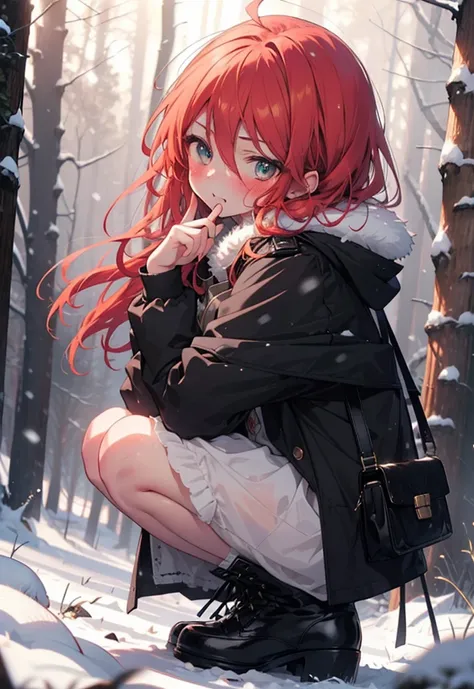 shana,灼眼のshana,long hair, redhead, red eyes,ahoge,,smile,blush,white breath,
open your mouth,snow,ground bonfire, outdoor, boots...