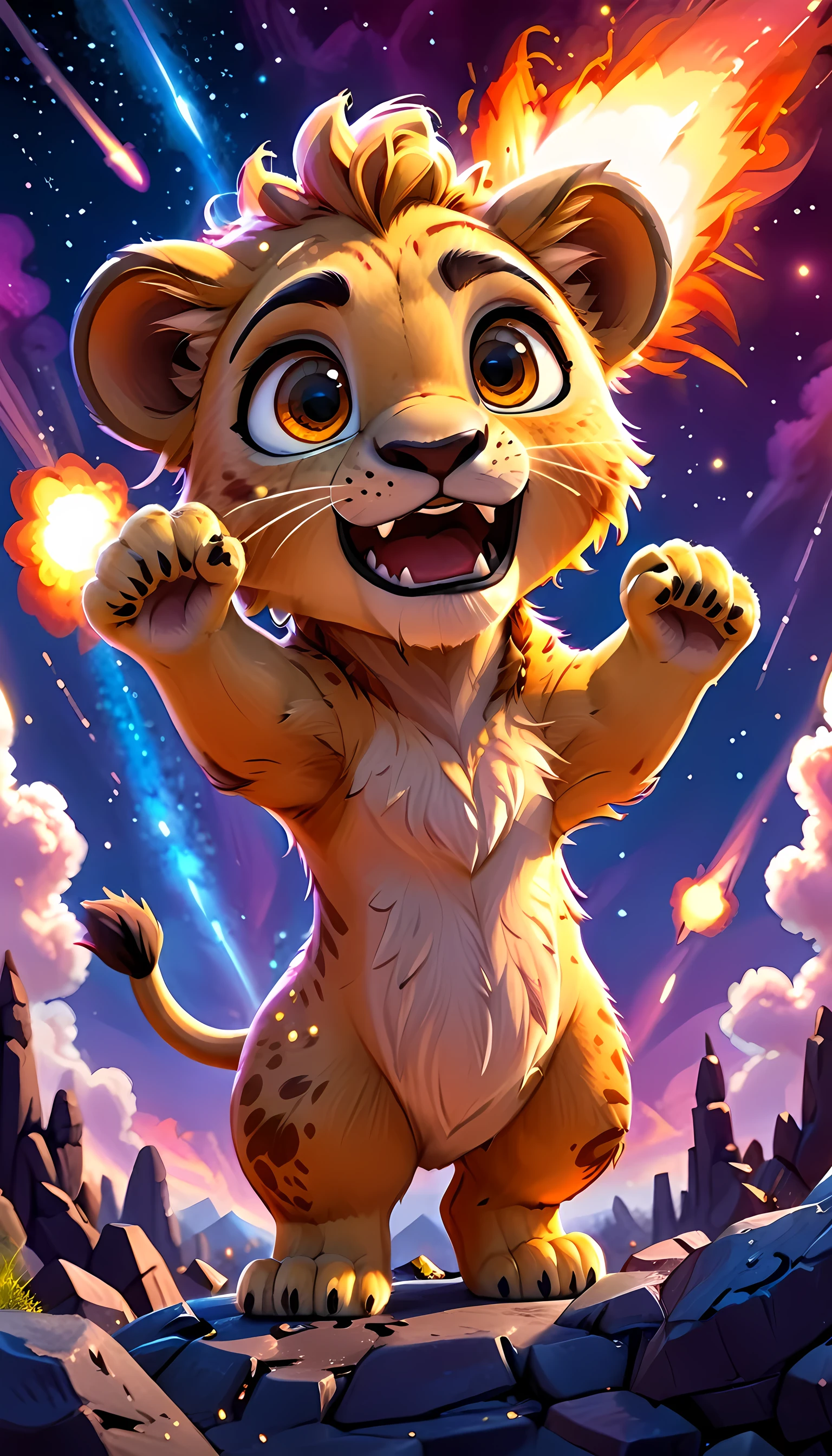 cute baby lion, standing on meteor ,cartoon, meteor, fire sky,arms, , cute eyes, looking at viewer, hands up, effects background, particles, shocking