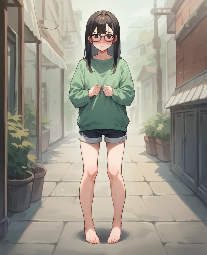 1girl with long hair and dress, 1 girl is taking to lavatory, long sleeves, black glasses, barefoot, looking at viewer, legs spread out, knees together, standing, embarrassed, shorts, blush, Keep one's mouth shut, street (girl is peeing self:0.395)