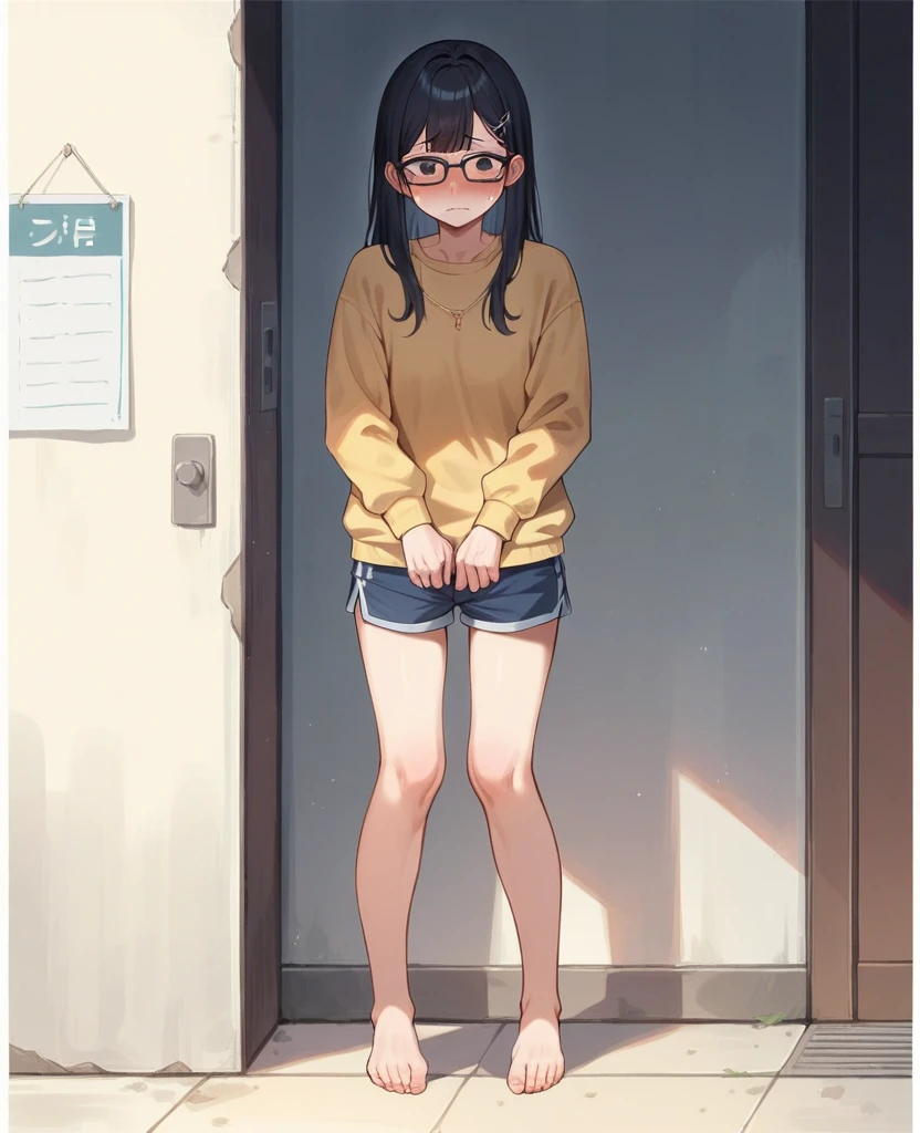 1girl with long hair and dress, 1 girl is taking to lavatory, long sleeves, black glasses, barefoot, looking at viewer, legs spread out, knees together, standing, embarrassed, shorts, blush, Keep one's mouth shut, street (girl is peeing self:0.395)