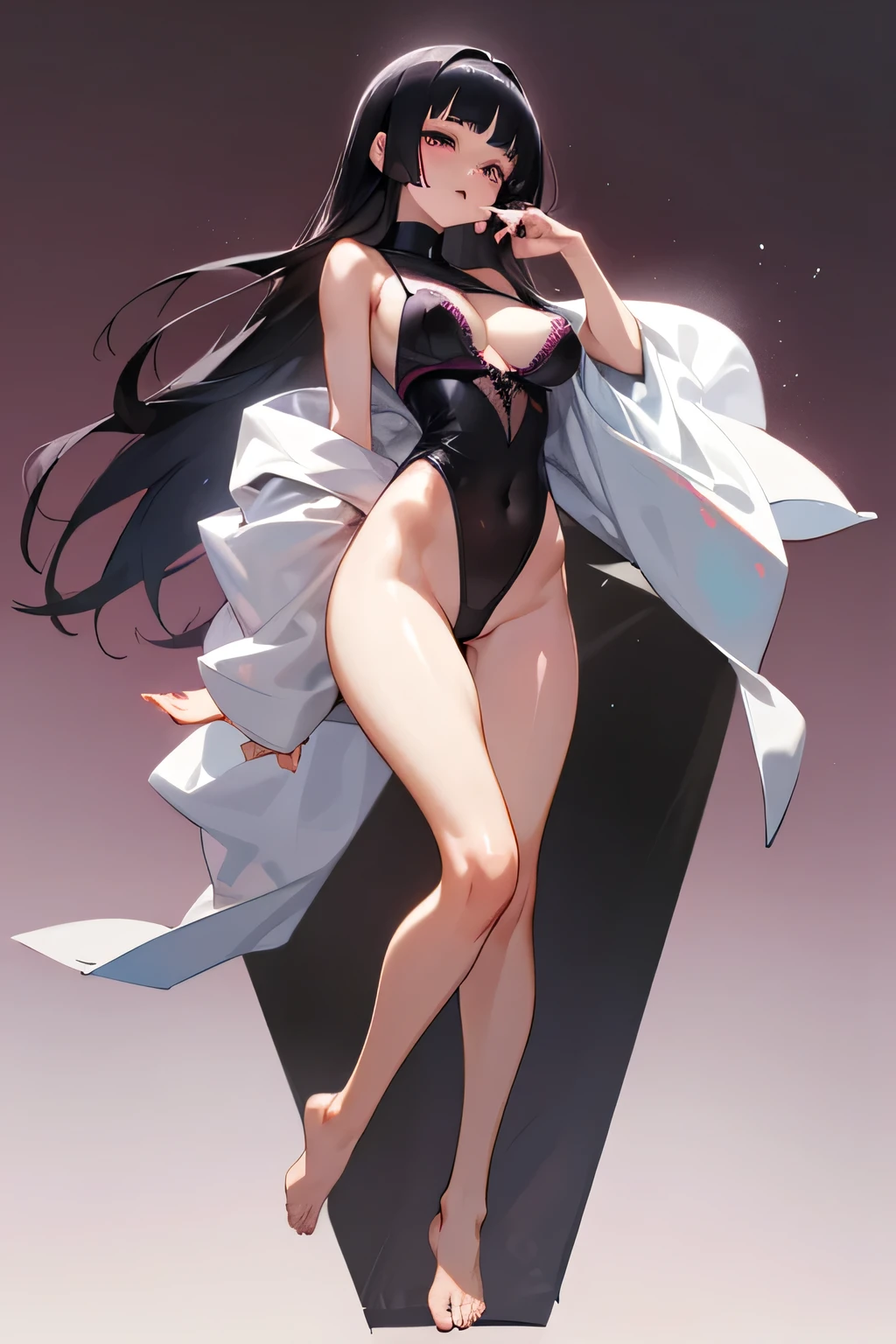 one white girl, konoha, hinata from Naruto, anime, hyuga clan, bust, solo, full body, legs, slender body, white eyes, beautiful eyes, black hairt, long hair, nsfw, (huge breasts, open breasts, small breasts:1.3), bare shoulders, bare neck, masterpiece, highly detailed, shiny blured grey background, gradient sprayed background, gradient red purple background, blured background, big nipples, glowing edges of image, (black lingerie:1.3)