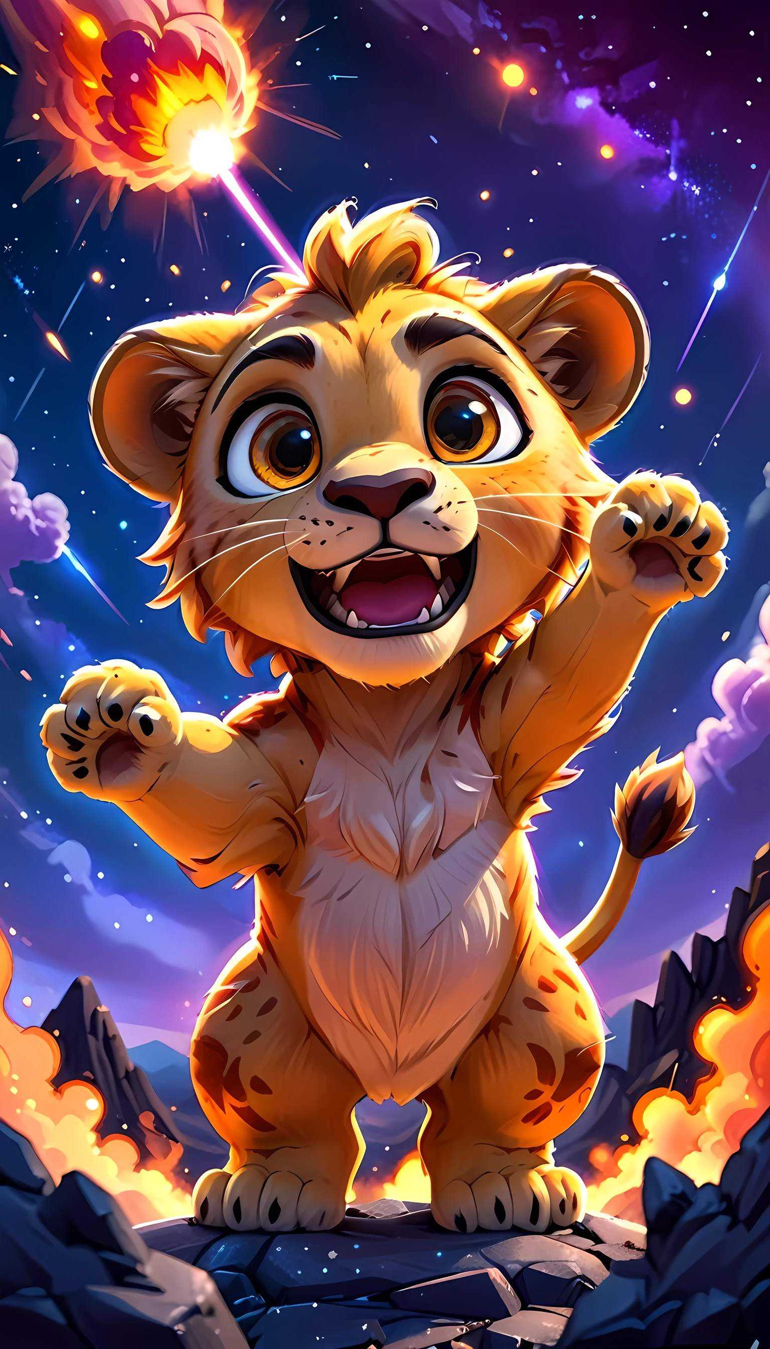 cute baby lion, standing on meteor ,cartoon, meteor, fire sky,arms, , cute eyes, looking at viewer, hands up, effects background, particles