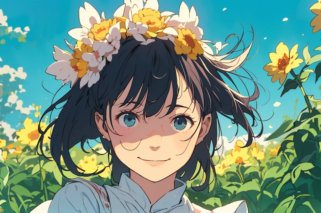 Reasonable design, Clear lines, High Sharpness, (Highest quality,8K,Perfect sharpness,Ultra fine,High resolution,masterpiece:1.2), Perfect Anatomy:1.5, Official Art, Illustrations that tell a story, (Whitish background:0. 9）、Body Positivity、多Mr.な身体表現、（Random and energetic poses）、Perfect beauty、Perfect beautiful face、Strong winds、A rich expression、Dynamic composition、smile、Golden ratio composition、colorful、（(Mr.々Different angles and perspectives)）、Anime Art、(Mini dress)、（Overcoming stereotypes）、 Glowing Skin、（Natural beauty）、smile、Bangs、（Soft and flowing hair）、（countryside）、（Nostalgic atmosphere）、Put up to your feet、（Playful and carefree）、（多Mr.な民族のキャラクター）、（innocent attitude）、（Sunny atmosphere）、(The skirt flutters wildly in the wind)、（Bright colors）、Beautiful Eyes、(Embarrassing)、Braided Hair、Summer Scene、Smiling among flowers、Angle from below、
