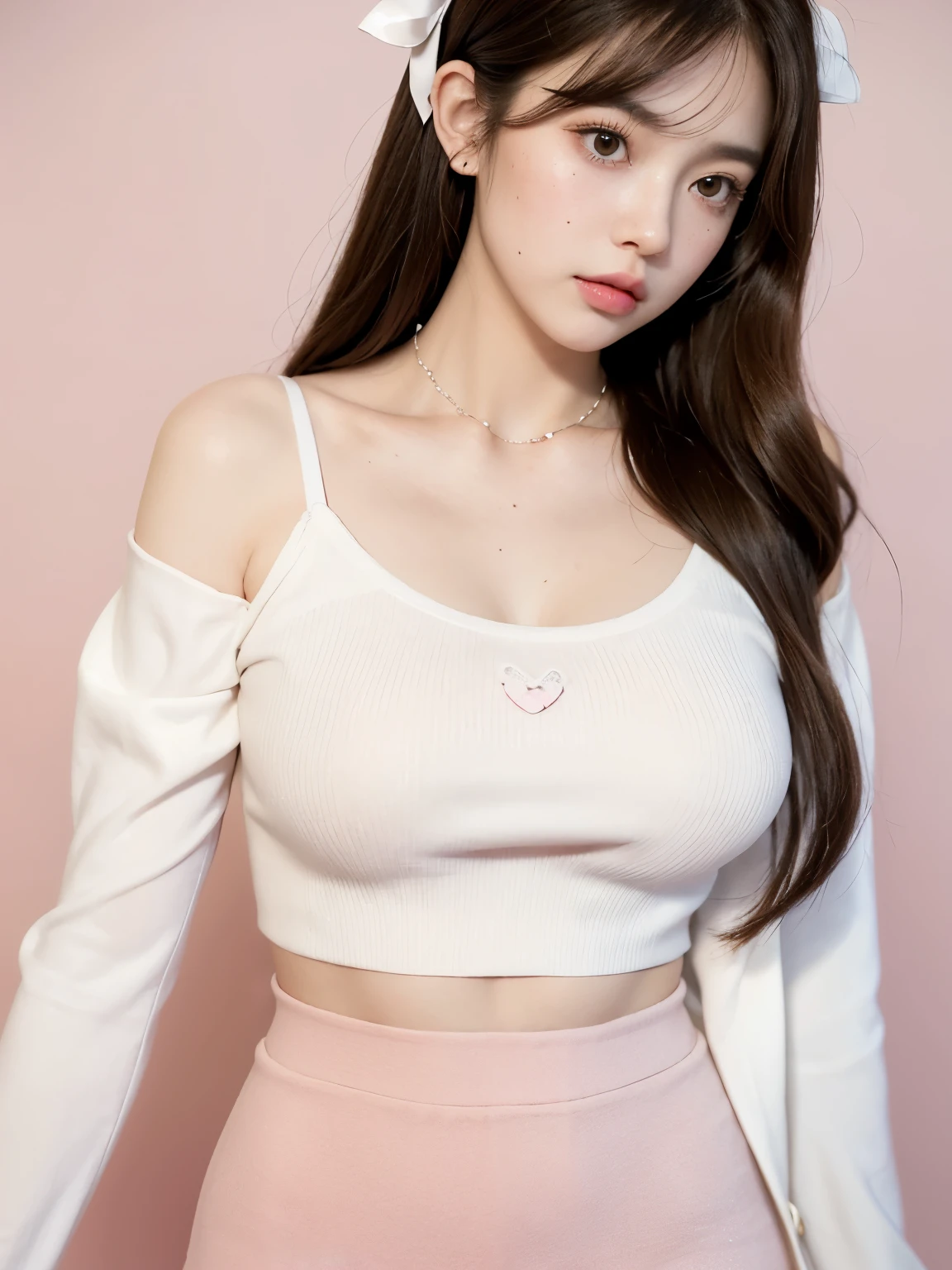 Kim Jennie with white brown hair, with curlers at the ends, with two bows on each side of the hair, all her hair white brown, with a star clip in her white brown hair, light colored eyes, pretty eyes, crying eyes, pretty, upturned nose, watery nose, Pretty lips, pink lips, heart and cupid shaped lip, pretty skin, pale, White skin, with moles and freckles all over his face, soft pink blush on the cheeks, natural pink blush, soft pink makeup, Jennie, nice neck, marked collar, frown, tender look, with a kiss necklace, a pretty kiss necklace, similar to Yumeko Jabami, while wearing a Crochet YK2, woolen, with a YK2 style brown mini skirt, while wearing a jacket with bear prints, while having a bare abdomen, Delgado, marked and pretty, (big breasts, soft breasts, nice breasts), while she is cosplaying the character Yumeko Jabami, The anime Kakegurui, looking to the camera