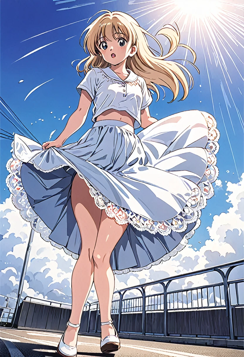 音無響子
Low - Angle、
Low - Angle、Long skirt、Hold down your skirt that is being blown up by the strong wind、Anime white panties in a strong wind、Crotch is visible
ローレグのパンツ、Color: White、
Crotch is visible、
、Lined、White lace lining、