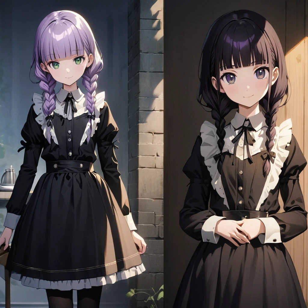 (Cute a girl:1.5), (masterpiece:1.3), anime visual, (Lovey-dovey:1.5), (tilt head:1.3), extremely delicate face, realistic lighting and shading, (an extremely delicate and beautiful art:1.3),,smiling,(pale purple wavy and blunt bangs braids hair,green and black eyes:1.5)from front,fullbody shot,full body shot,White brim, black gothic maid outfit, black knee-high socks, leather shoes,night lit,cowboy shots,Tea time before bedtime,