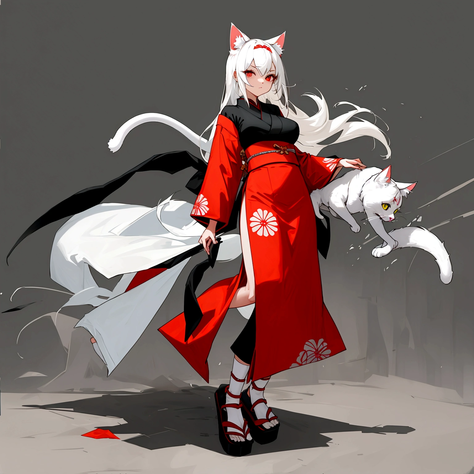 Make a full body character with 2D graphics based on current anime 4k-8k The character is 22 years old. Mature body with big breasts and curves. Eyes red, white cat ears, long white hair down to the ankles. Cat's furry tail.
The outfit is a mix of traditional Japanese kimono, Qipao chines stylized in a cyberpunk way.
The colors of the clothes are predominantly white with details of blood red and gold..
With sock 3/4 black and white, sandalhas ninja estilo cyberpunk.