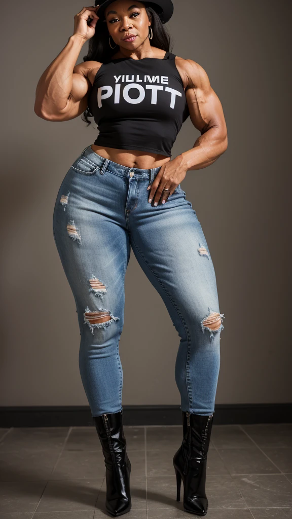 60 year old, light skinned black woman, bodybuilder, police hat, crop top, tight denim, high heels, knee high boots, (((full body shots)))