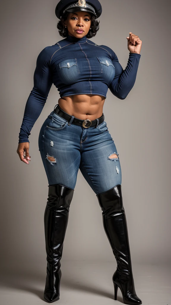 60 year old, light skinned black woman, bodybuilder, police hat, crop top, tight denim, high heels, knee high boots, (((full body shots)))