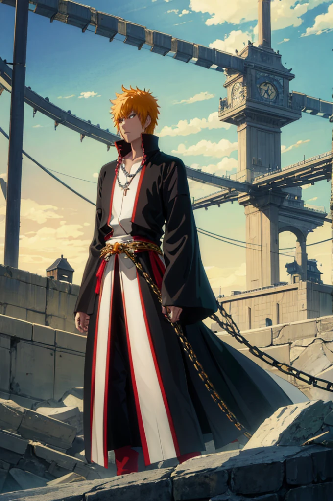 masterpiece , 8k , ichigo tied with chains , high spiritual pressure, picture shot from black , bankai dress, zangetshu,