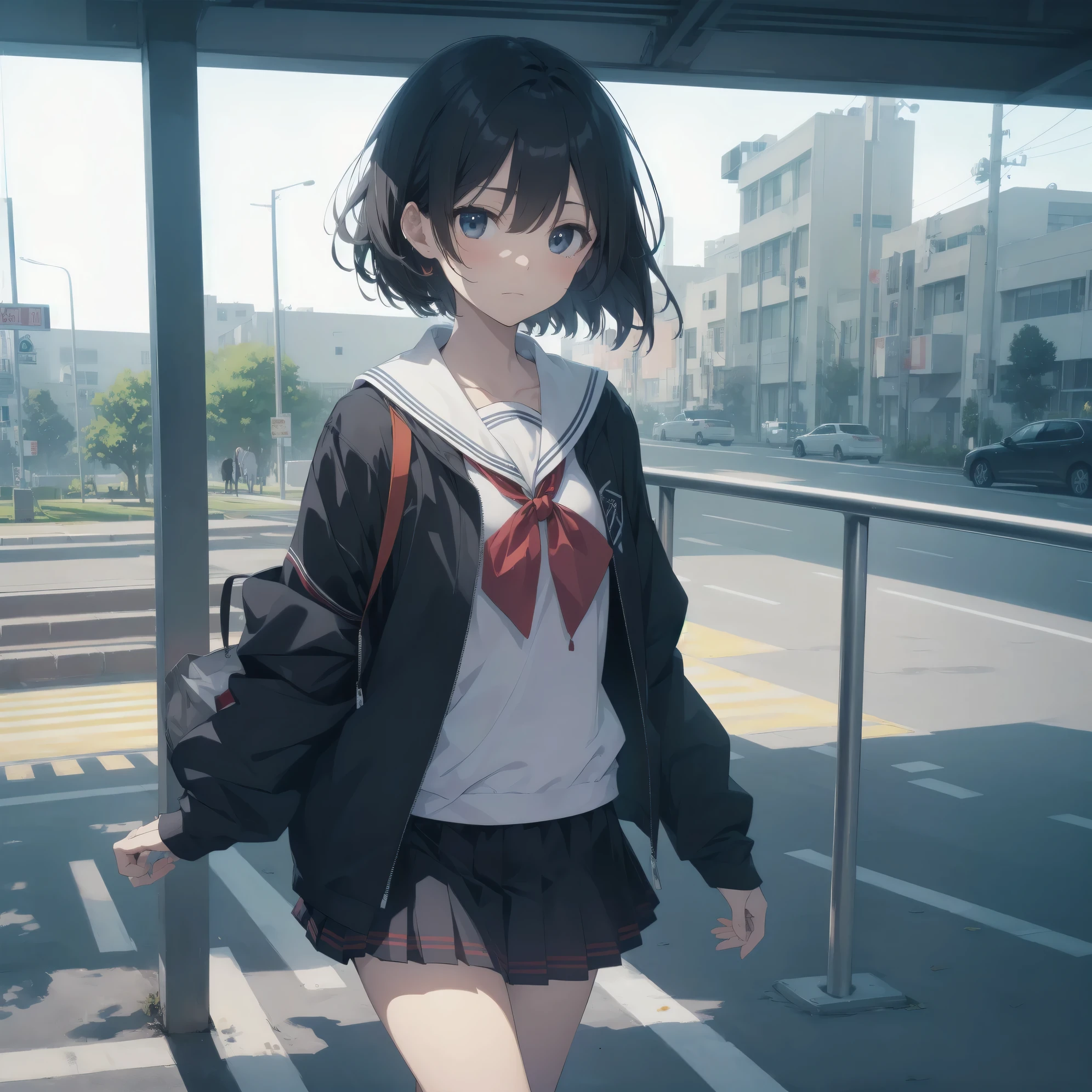 ultra-absurdres-Top quality by artist God, ultra-detailed, high resolution, anime moe artstyle, best anime 8k konachan wallpaper, pixiv contest winner, pool:2810, perfect anatomy,break, 1girl, (Please draw a girl walking sleepily to school alone. )break,(Solo,little female, 13-year-old:1.3),Full limbs, complete fingers,a junior high school student, (very short hair), short cut, flat chest, , small butt, small black eyes, beautiful detailed eyes, well-proportioned iris and pupils, expressive eyes, highres detailed hair, soft expression, salor school_uniform, sailor collar, serahuku, bow, pleated skirt,(Detailed Lighting), (Detailed background), in the School commute route. break,super detailed skin, Best cinematic lighting powered by famous artist, 8k,beauty illustration,photoshop_(medium),very aesthetic,break,((artist:saiguchi_otoufu )), artist:clamp ,artist:carnelian ,artist:kantoku ,