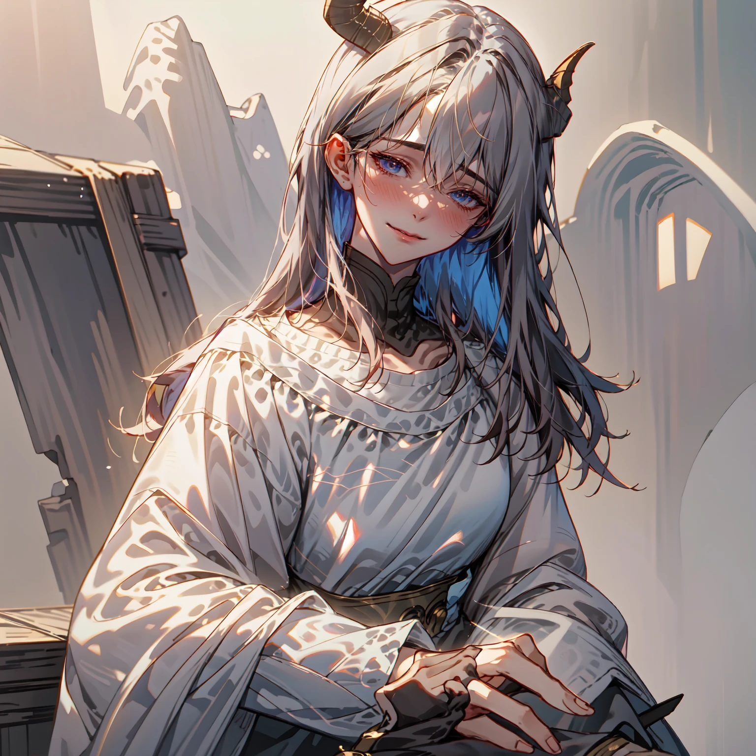 tiefling woman,drunk face, drunk blush ,mischevious look in her eyes, smiling drunk, blue skin,grey eyes, dusty brown hair ,ram horns blue skin color, blur light ,pastel painting ,
