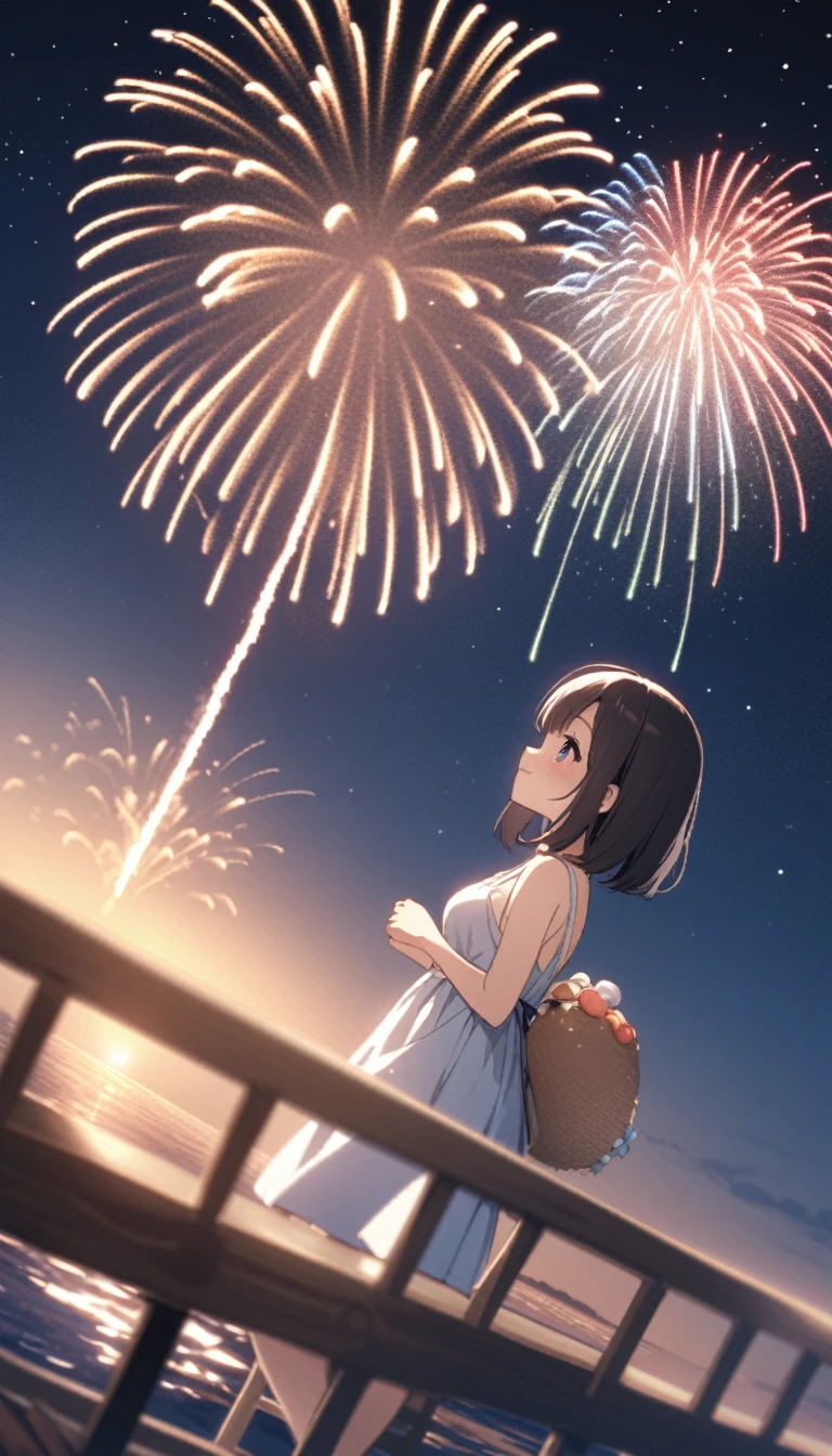 海辺のfireworkを見ながら佇む黒髪美少女、summer、night、firework、cute、Starry Sky、Buckshot、Vision、Side Angle、