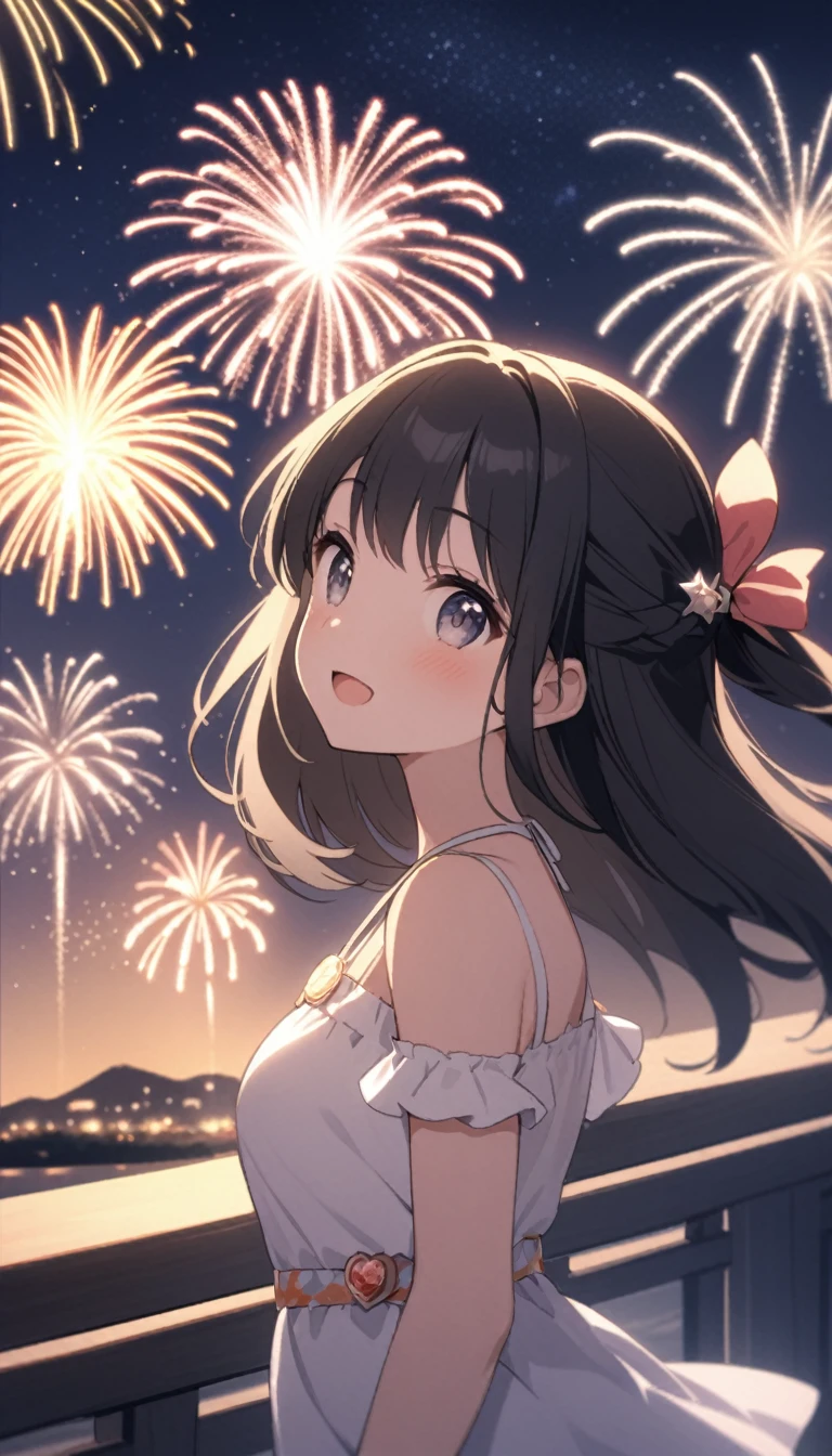 海辺のfireworkを見ながら佇む黒髪美少女、summer、night、firework、cute、Starry Sky、Buckshot、Vision、Side Angle、