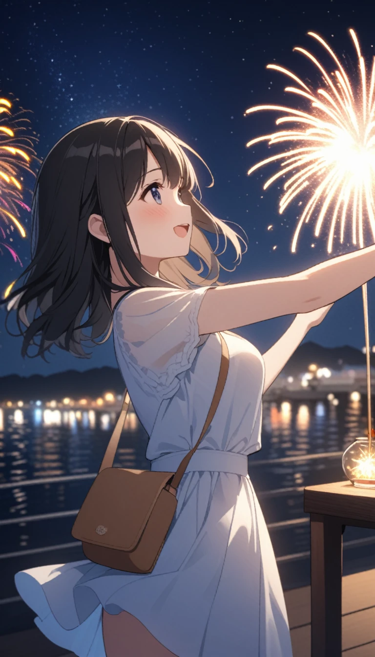 海辺のfireworkを見ながら佇む黒髪美少女、summer、night、firework、cute、Starry Sky、Buckshot、Vision、Side Angle、