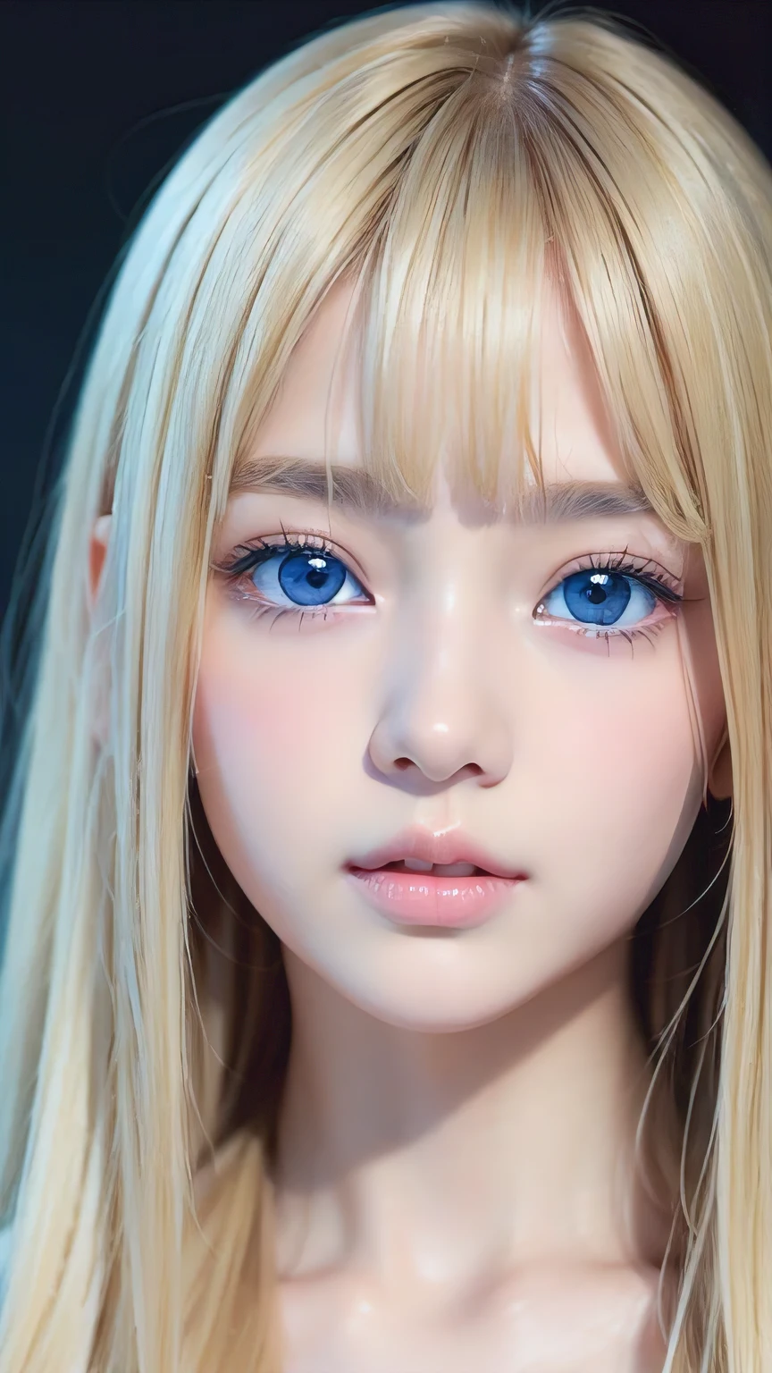 high quality、最high quality、Photorealistic、Raw photo、Real、超Real8K CG、Super detailed、High resolution、masterpiece、1 Girl、Super long hair、Light blonde hair、Bright Blue Eyes、Detailed face and eyes、Close-up、Intricate details、Detailed Texture、details、details、A perfectly beautiful face、Messy silky beautiful light blonde hair、Beautiful cute girl 、Very beautiful beautiful bright pale sky blue big eyes、Very super long beautiful blonde silky shiny hair、Long beautiful bangs、Very big eyes、Small Face Beauty、eyeliner、very white shiny skin、Gloss Face、Cheek gloss、Hair above the eyes、片Hair above the eyes、Hair between the eyes、