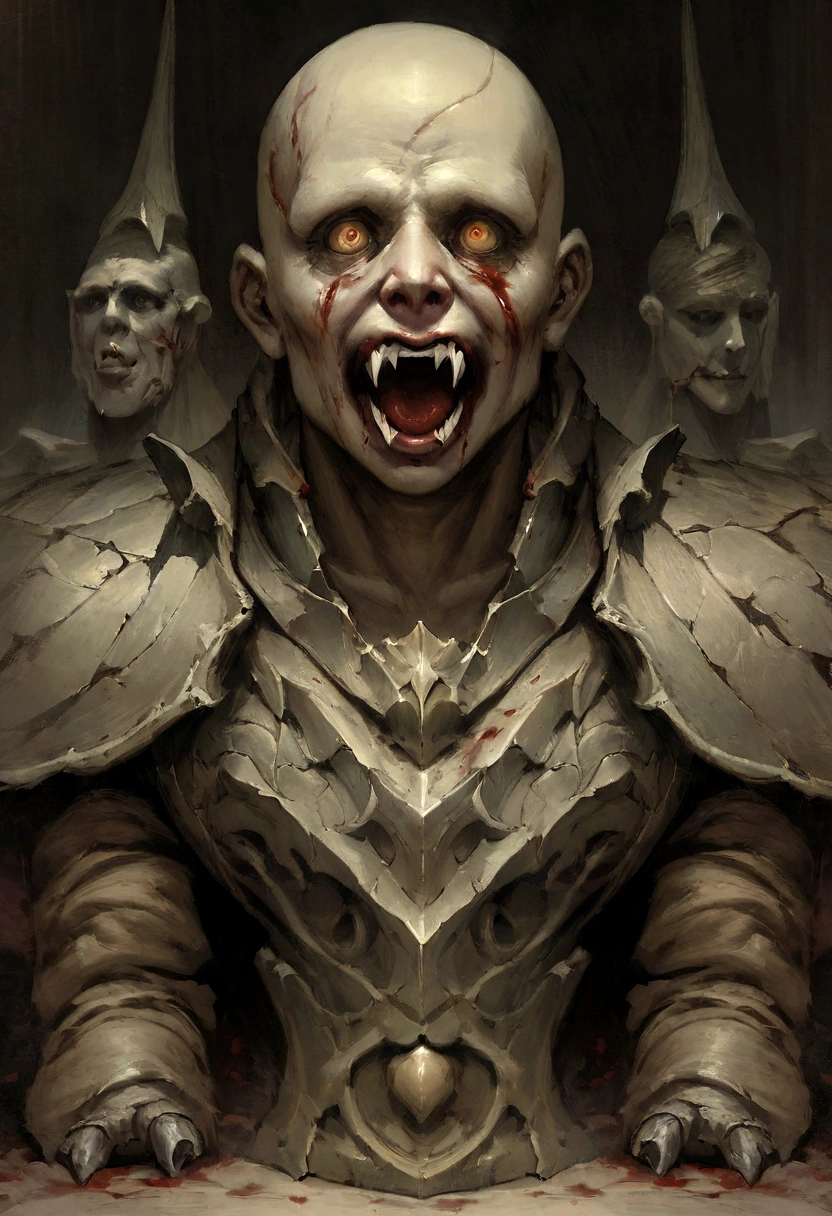 Draw a stone statue of armor with a strong, bloody face and bloody head, Science fiction horror art, sci-fi horror artwork, inspired by Aleksi Briclot, Fangs of the slaughter, horror fantasy art, Alexis Bricklot(Alexis Bricklot), horror concept art, veneno, Fantasy and horror art, Detailed illustration of 4K horror, Armor stone statue, full-body portraits,dark fantasy horror art, male, bald, spear