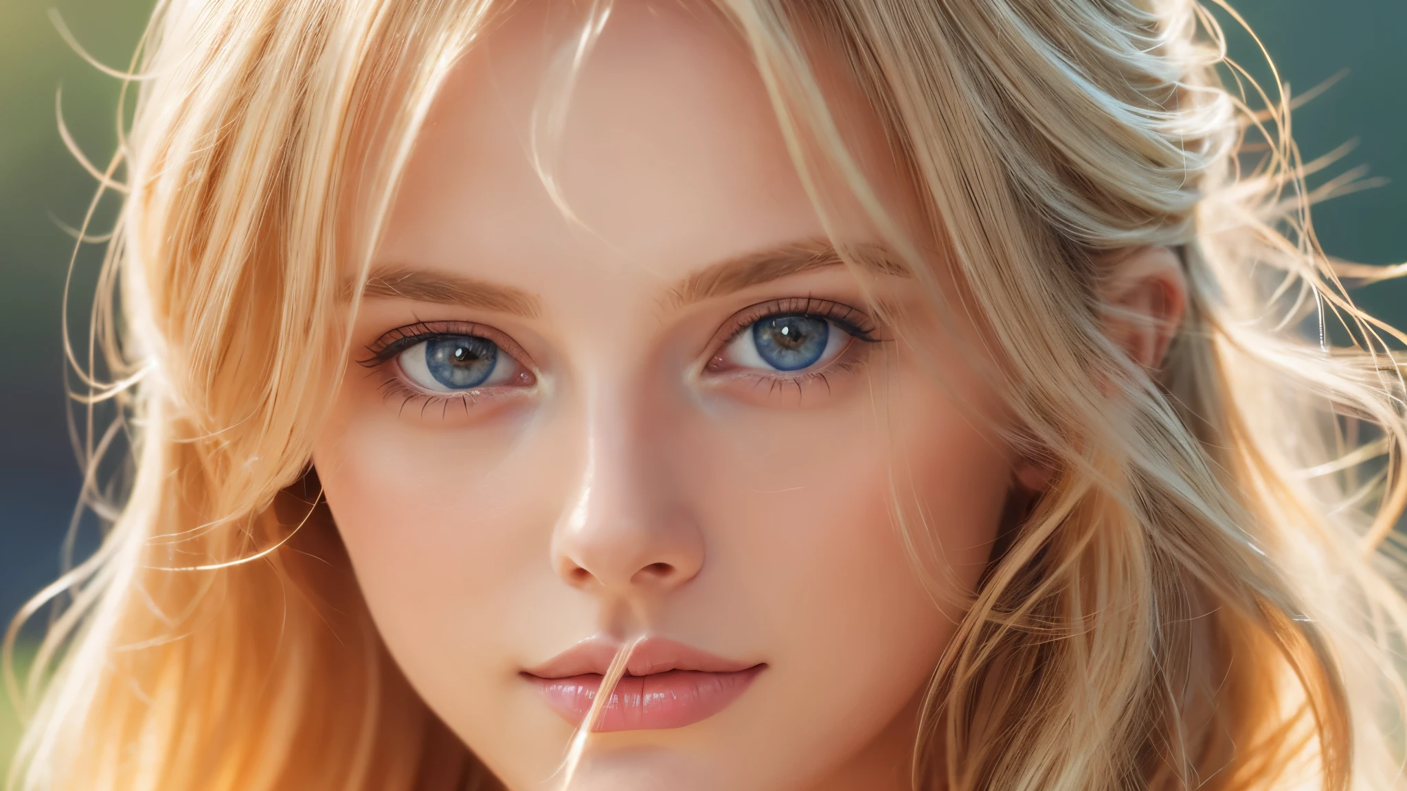 Soft portrait of a beautiful blonde woman, flowing golden hair, captivating blue eyes, delicate features, natural makeup, elegant attire, gentle expression, subtle blush, warm skin tones, ethereal lighting, soft shadows, high-resolution digital painting, realistic style, artistic interpretation, by a skilled portrait artist