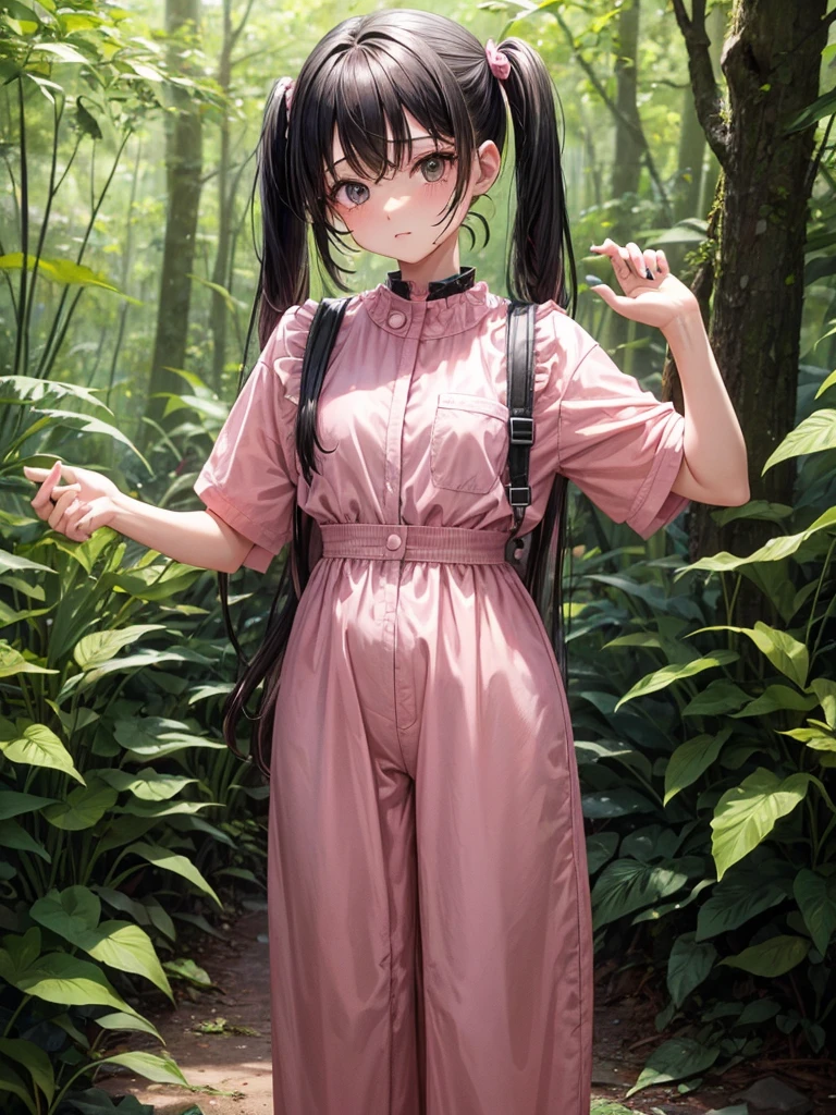 1 girl, two pigtails falling over her shoulders with pink rubber bands, blond hair, wearing a pink jumpsuit dress, In a forest, next to 1 boy with black hair, very messy hair, black eyes, wearing casual clothes