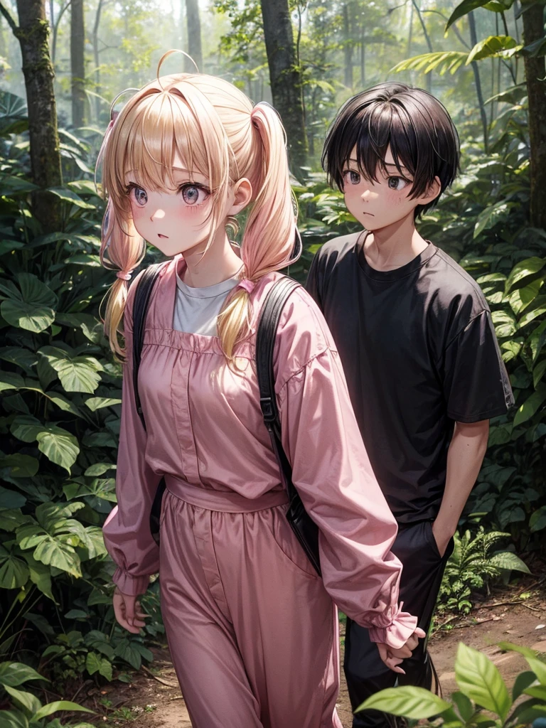 1 girl, two pigtails falling over her shoulders with pink rubber bands, blond hair, wearing a pink jumpsuit dress, In a forest, next to 1 boy with black hair, very messy hair, black eyes, wearing casual clothes