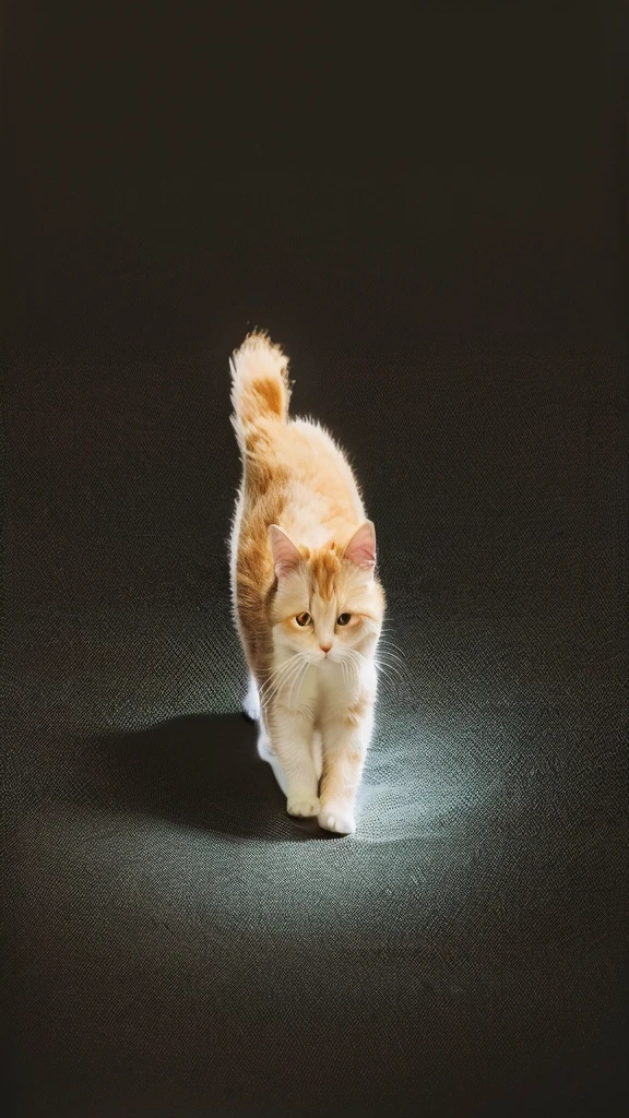 8 k realstic image, iphone, realstic minimal wallpapers, gold and white or orange and white cat realstic girl cat image. It's all dark. It has a light bulb hanging on a rope. A cocroaches scared of a girl cat and around that kitchen. Beneath it, a cat runs to catch it.